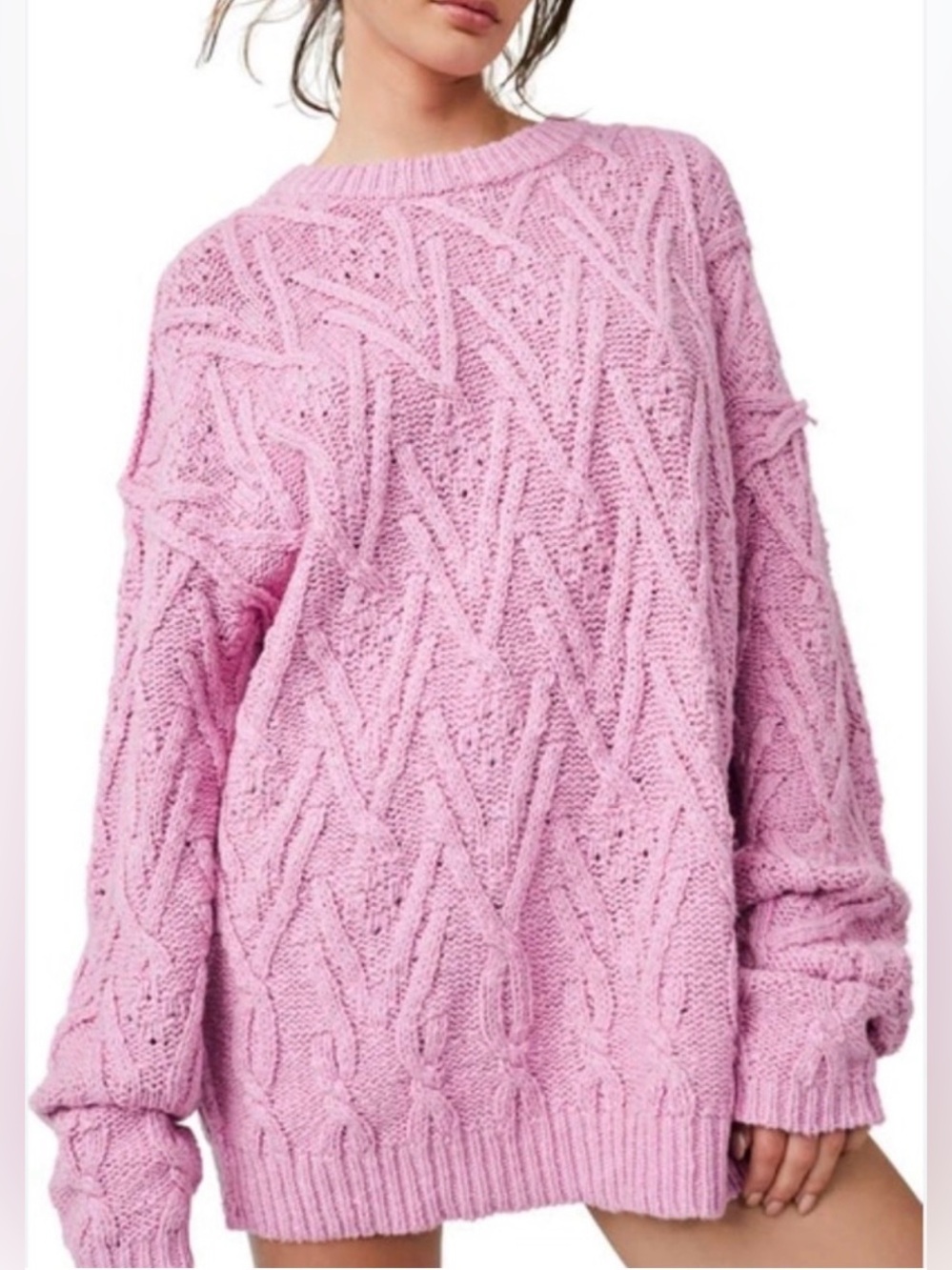 Free People Isla Cable Knit Sweater in Rose